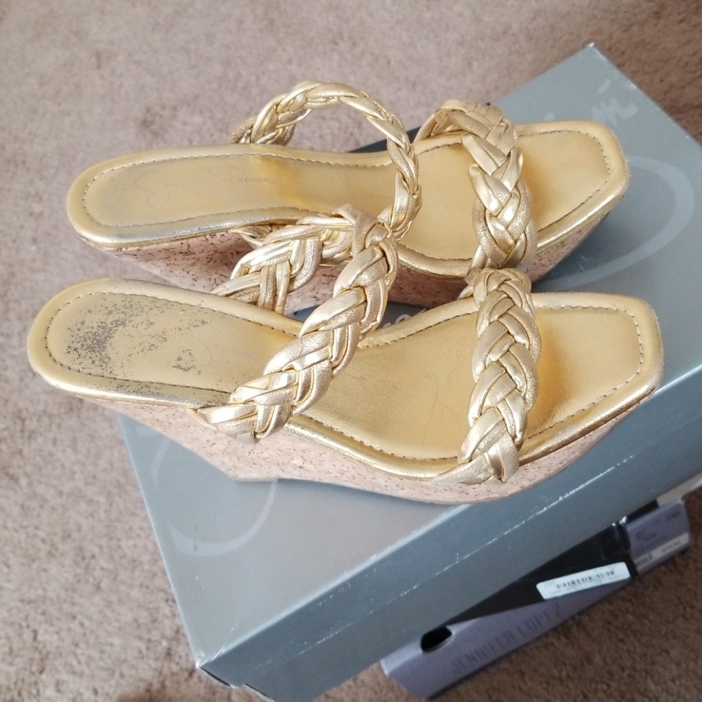 Jessica Simpson Gold slide on wedges No Damage